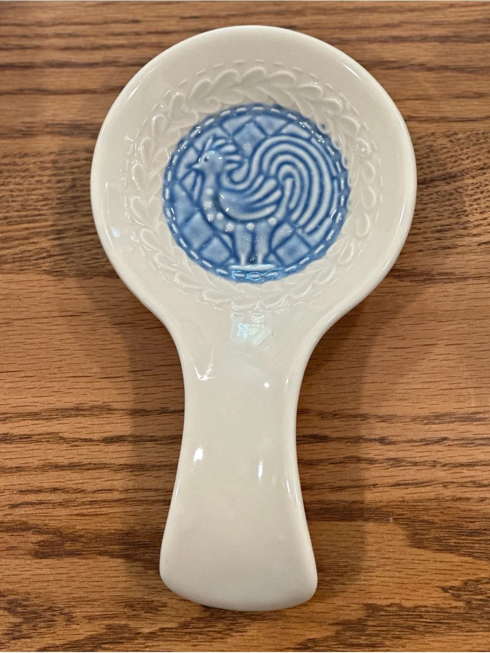 Longaberger White Ceramic Spoon Rest with Blue Rooster Motif